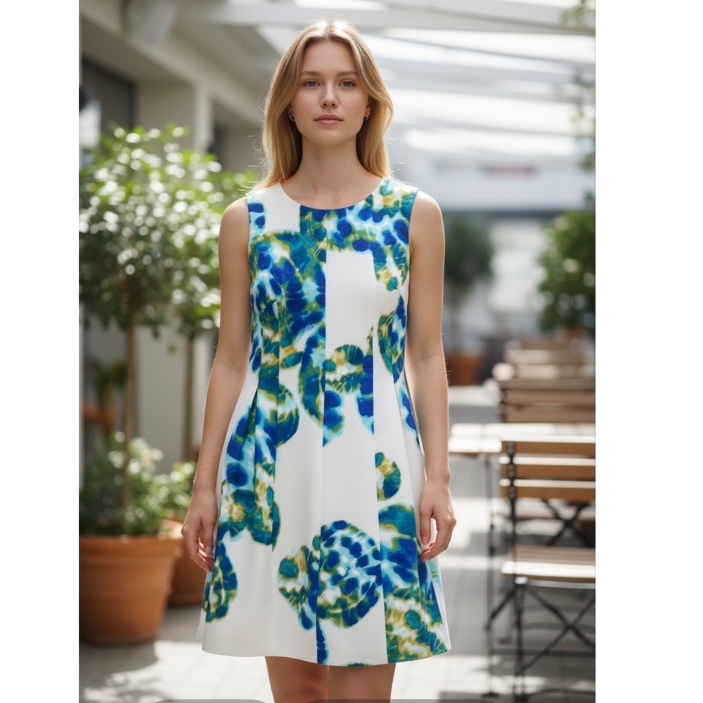 Calvin Klein Sleeveless Fit Flare Dress artsy abstratc print scuba 90s boho sz S